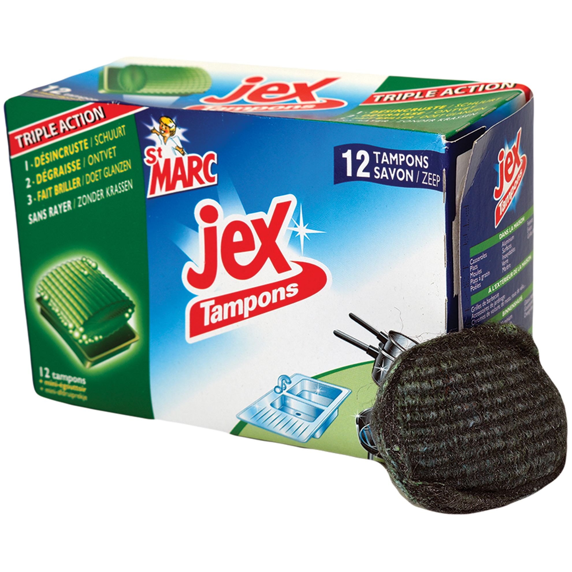 Stock Bureau - JEX Boite de 12 Tampons Jex Laine d'Acier avec Savon